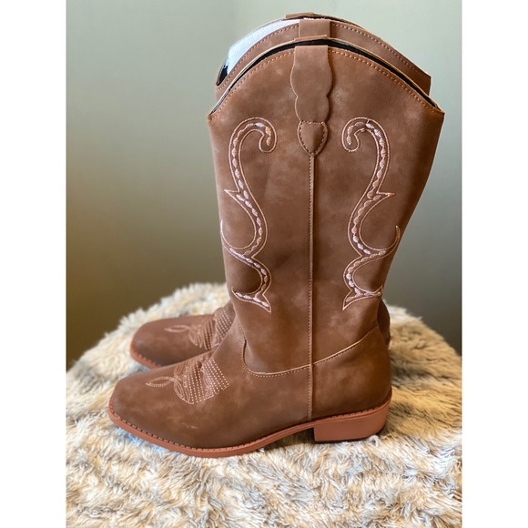 Womens Cowboy Boots Western Embroidered Mid Calf Square Toe Pull On Brown